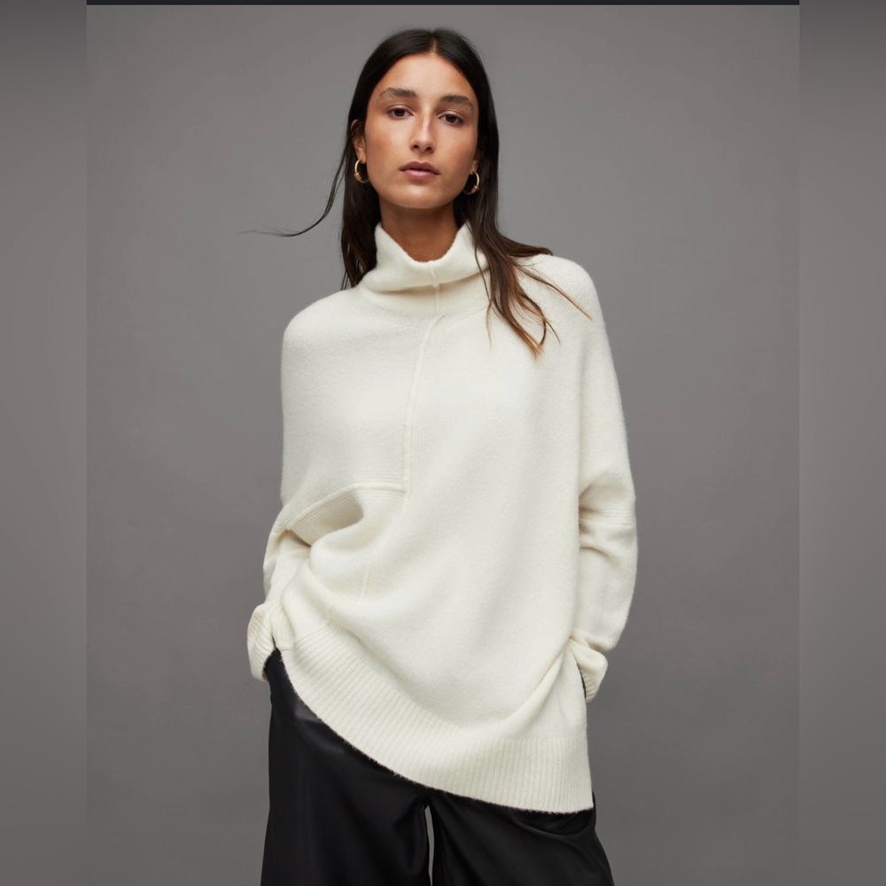 ALLSAINTS Lock Roll Neck A-Symmetrical Cream Wool Blend Sweater